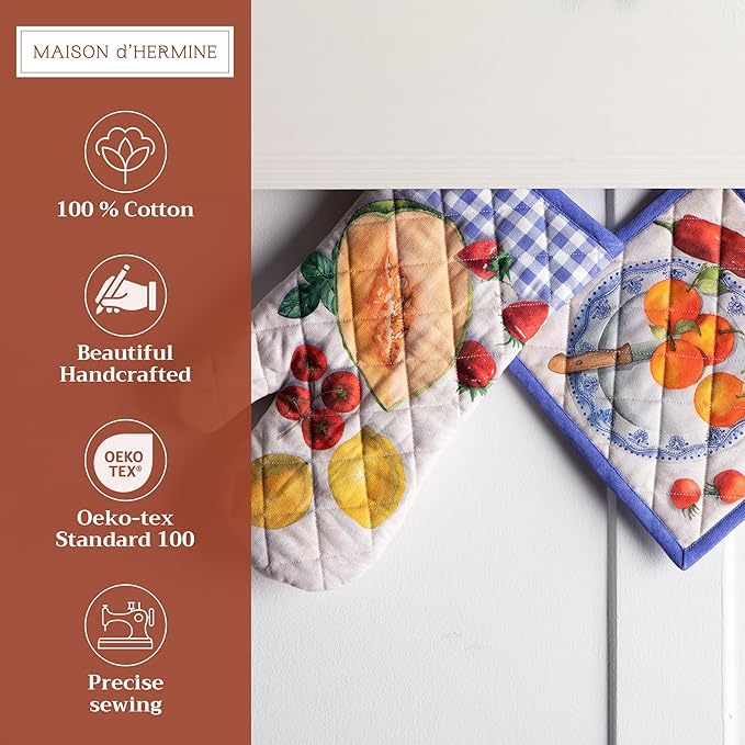 Maison d' Hermine 100% Cotton Oven Mitt & Pot Holder Set (7.5"x13" & 8"x8") Heat Resistant BBQ Cooking Gloves with Loop Baking Grilling Kitchen Gifts for Mothers Day Spring/Summer (Gourmand)