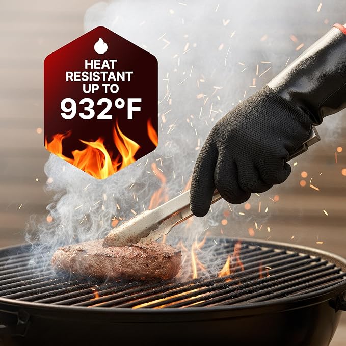 BBQ Gloves - Waterproof and Extreme Heat Resistant up to 932°F - Food-Grade Neoprene Rubber Mitts for Cooking, Grill, Grilling, Oven, Baking, Fire Pit - Non-Slip Grip, Cotton Lining and 14” Sleeve