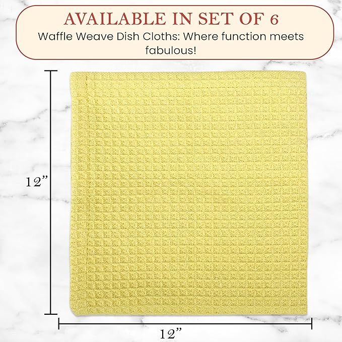 Vintage Vista 100% Cotton Waffle Dish Cloths (Pack of 6) - Dish Rags for Washing Dishes - Reusable & Highly Absorbent Kitchen Towels - Kitchen Rags fo Easter - (12" x 12" - Lemon Yellow)