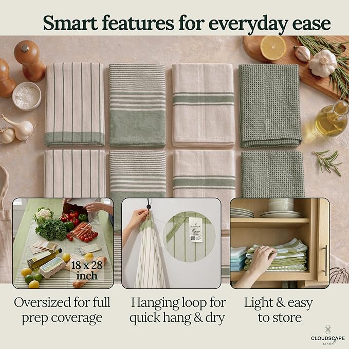 CLOUDSCAPE Kitchen Towels 12 Set 18”x28” Cotton Blended Hand Towels with Hanging Loop - Quick-Drying Dish Towels for Kitchen Set, Highly Absorbent, Dish Cloths Set for Washing Dishes - Sage Green