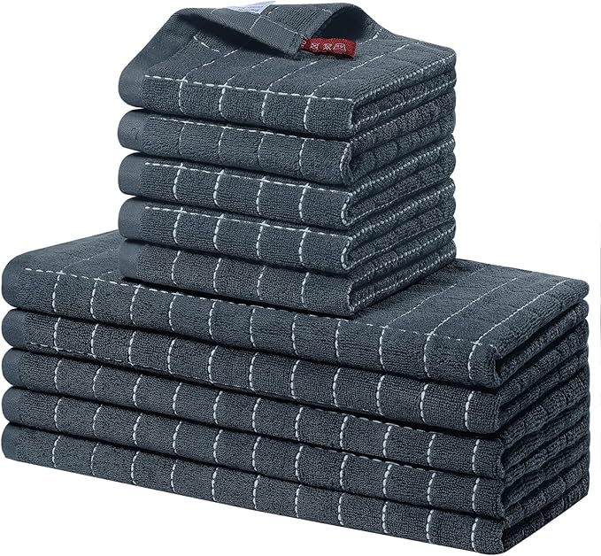 Homaxy Kitchen Towels and Dishcloths Set, 12 x 12 and 13 x 28 Inches, Set of 10 Bulk Cotton Terry Kitchen Towels Set, Checkered Designed, Soft and Super Absorbent Dish Towels, Dark Grey