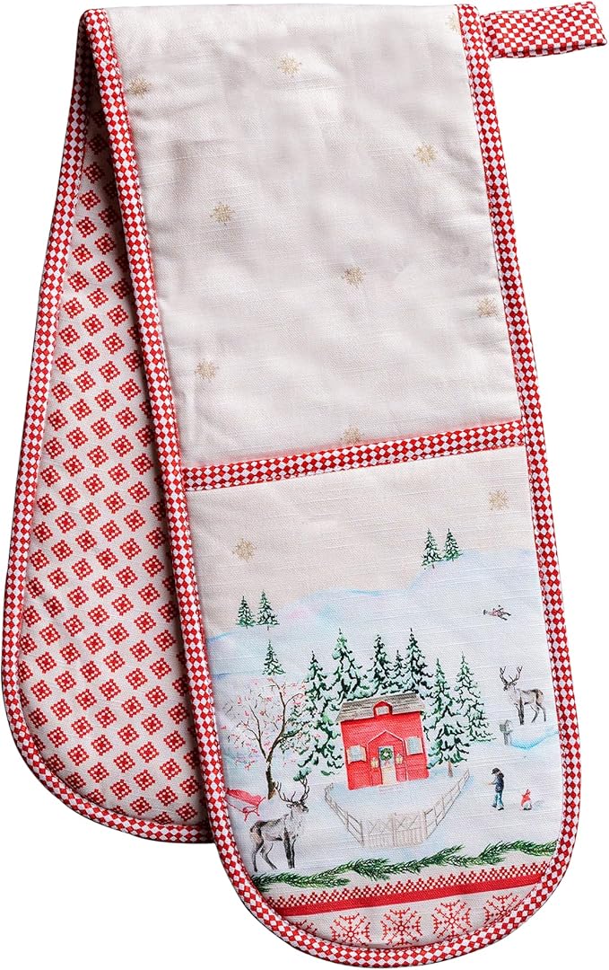 Maison d' Hermine Double Oven Mitt (7" x 35") 100% Cotton Heat Resistant BBQ Cooking Gloves with Loop for Thanksgiving Christmas Decorations Baking Cooking Barbeque Handling Hot Pan (Rural Christmas)