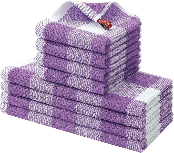 Homaxy Kitchen Towels and Dishcloths Set, 12 x 12 and 13 x 28 Inches, Set of 8 Bulk Cotton Waffle Weave Check Plaid Kitchen Towels, Super Soft and Absorbent Dish Towel, White & Purple