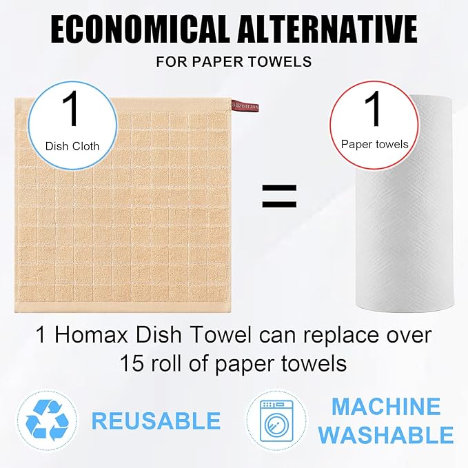 Homaxy 100% Cotton Terry Kitchen Dish Cloths, Ultra Soft and Absorbent Dish Towels for Kitchen, Suitable for Drying and Washing Dishes, 6 Pack, 12 x 12 Inches, Apricot