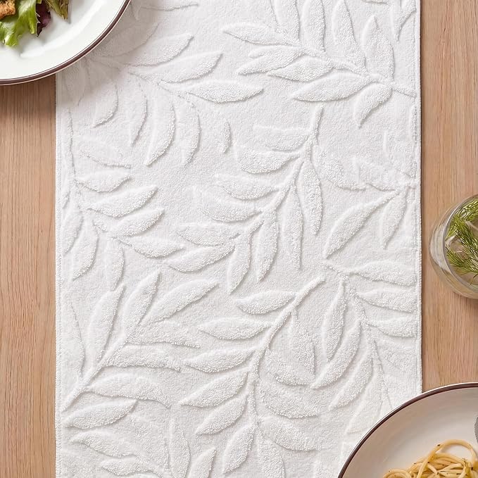 Artoid Mode White Soft Cotton Jacquard Leaves Spring Table Runner, Holiday Kitchen Dining Table Decoration for Home Party Decor 13x72 Inch