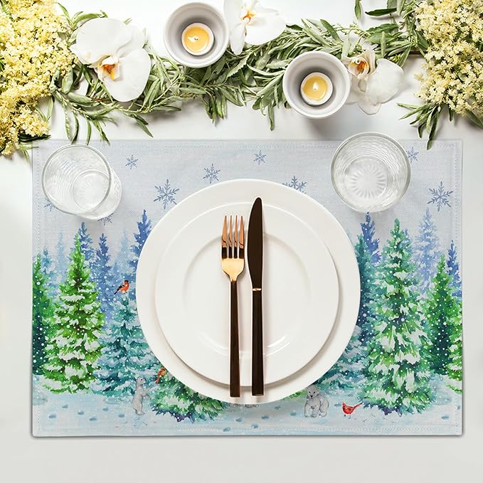 Watercolor Christmas Bears Place Mats - Winter Birds Placemats Set of 4 Snowflake Trees Art Table Mat for Indoor Outdoor Dining Decorations 12 x 18 Inch