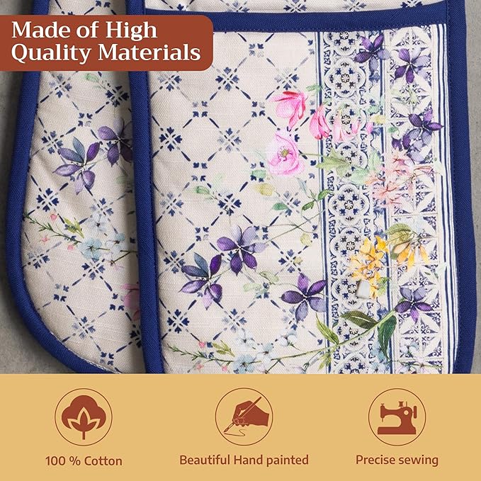 Maison d' Hermine Double Oven Mitts 100% Cotton 7"x35" Double Oven Mitt Heat Resistant BBQ Cooking Gloves with Loop Baking Grilling Gifts for Mothers Day Spring Summer (Faience)