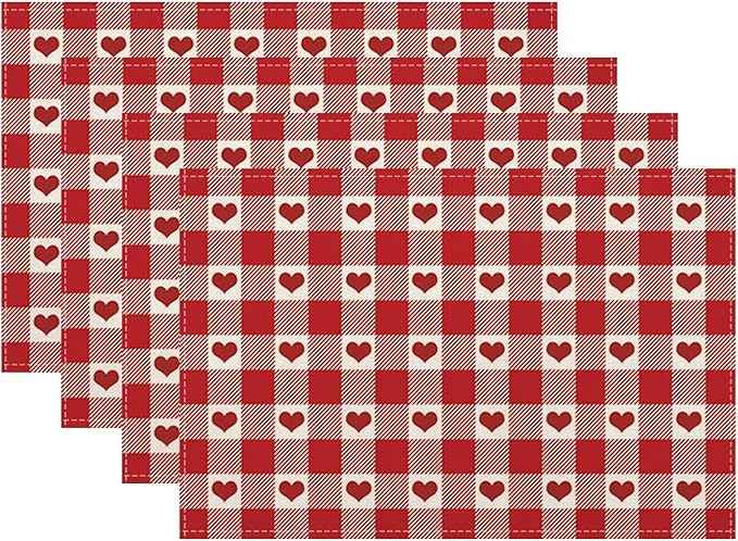 Valentines Placemats Set of 4 Red Pink Love Heart Buffalo Plaid Decor Place Mats 12x18 Inch Gingham Anniversary Wedding Holiday Linen Table Mats for Home Kitchen Dining Party Table Decoration