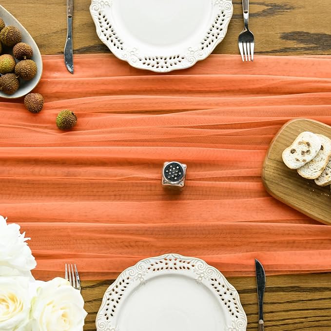 Artoid Mode 3PCS Orange Gauze Table Runner 120 Inch 10FT, Seasonal Sheer Kitchen Dining Holiday Wedding Birthday Baby Shower Table Decor for Home Party