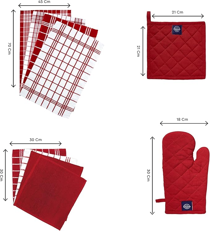 Encasa XO Kitchen and Dish Towels - Oven Mitts - Pot Holder Set of 12 Pc - Pure Cotton - Dishcloths Red Combo