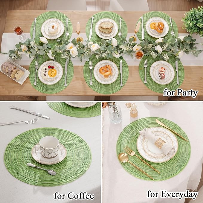 SHACOS Round Placemats Set of 8 Washable 15 inch Round Table Mats Braided Non Slip Fabric Place Mats for Dining Table Indoor Outdoor (Mixed Color Pea Green, 8)