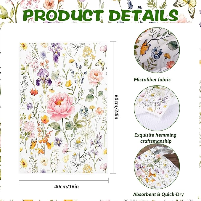 2Pcs Floral Kitchen Towels-16×24in Spring Dish Towels, Super Absorbent & Quick Dry Flower Decor Hand Towels for Spring Summer Home Decor Easter Mother‘s Day Gifts