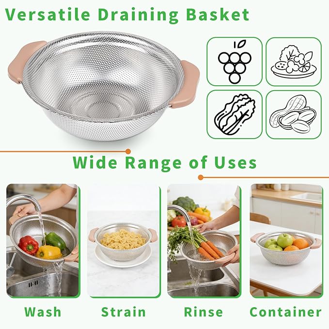 Colander Set with Plastic Handles, Stainless Steel Micro-Perforated Colanders Strainers for Draining Rinsing Washing, Ideal for Pasta Vegetables Fruits, Heavy Duty & Dishwasher Safe