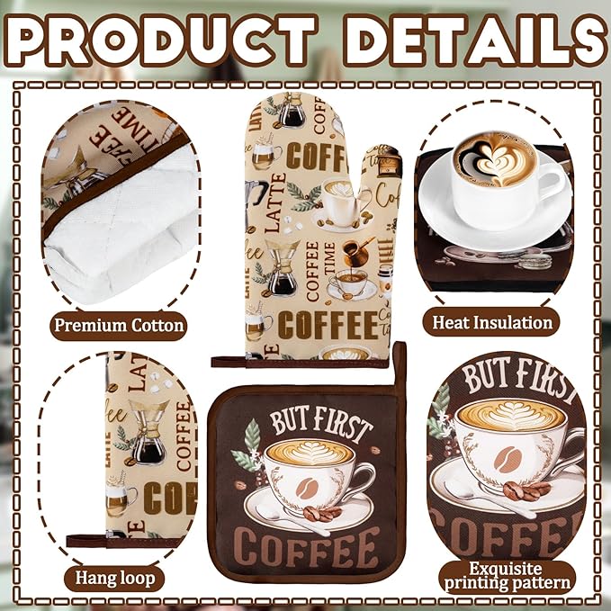 Fourluoo 8 Pcs Coffee Kitchen Towels and Dishcloths Sets Oven Mitts and Pot Holders Sets Absorbent Kitchen Gloves Potholders Heat Resistant for Chef Baking Cooking