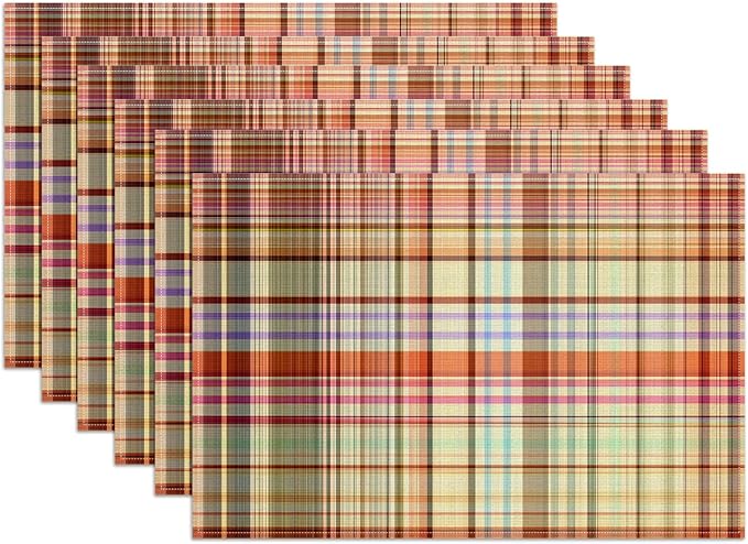 Rustic Colorful Plaid Placemats Set of 6, Vintage Grid Washable Linen Place Mat Heat Resistant Non Slip Kitchen Dining Table Mats 12x18 Inch