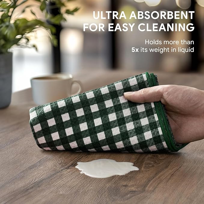 RECYCO Waffle Kitchen Towel Set of 2 - Quick Dry Microfiber Sustainable Dish Towels - Ultra Absorbent Reusable Cleaning Tea Towels - Lightweight Hand Towels,16”x 28”, Pine Green Plaid