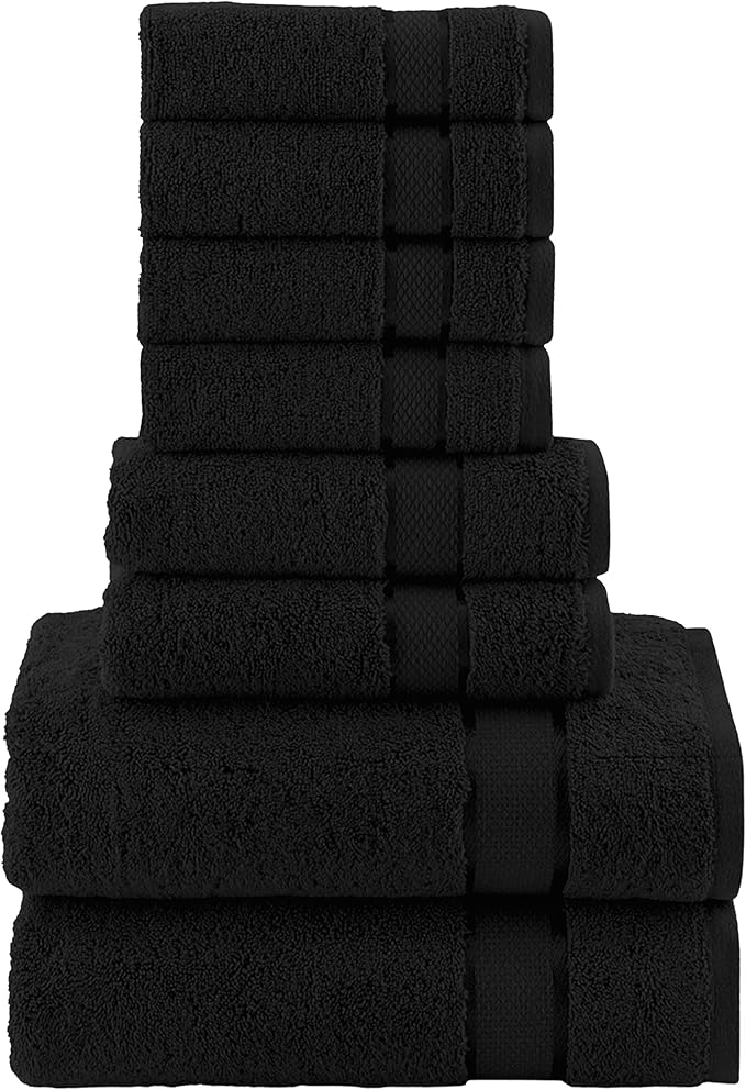 Elegant Comfort Premium Cotton 8-Piece Towel Set, Includes 4 Washcloths, 2 Hand Towels and 2 Bath Towels, 100% Turkish Cotton - Highly Absorbent and Super Soft Towels for Bathroom, Black