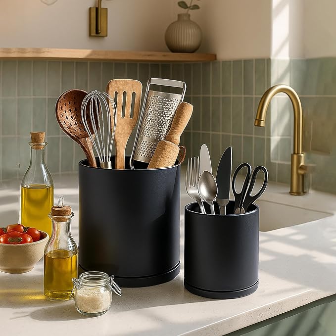 D'vine Dev 360° Rotating Utensil Holder Set – 7.2"+5" Kitchen Utensil Crocks for Countertop, Modern Cooking Tool Organizers for Kitchen Storage +Décor, Black, Set of 2, 72-Z-B-1