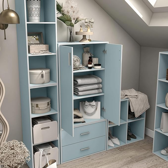 Homes: Inside + Out Apexa 3-Tier Stackable Wood Bookcase with Doors, Cube Storage Organizer Shelves, Small Food Pantry Cabinet, Dorm Teen Room Decor & Bedroom, Home Office, Kitchen, Light Blue
