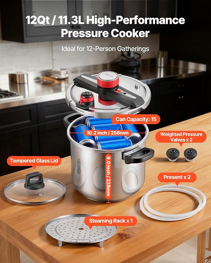 VEVOR Pressure Cooker, 12Qt Pressure Cooker Stainless Steel, Pressures Canner with Steaming Rack, Tempered Glass Lid, 3 Pressures Settings for Meat, Beans, Rice, Soup, Sauces, Cook up to 100 kPa