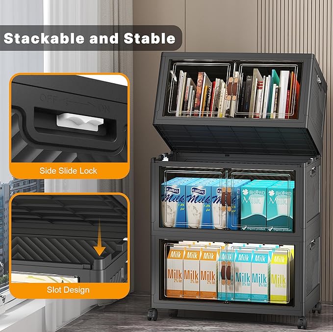 UAMFURI Stackable Storage Bins with Lids & Wheels & Door, Foldable Collapsible Closet Organizers, Extra Large Plastic Storage Drawers for Bedroom Dorm Office Garage (Dark-55qt, 6Pack with 2 top lids)
