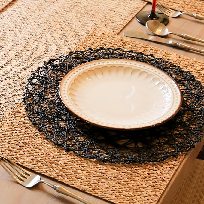 AHHFSMEI Paper Braided Round Placemats Set of 8 Natural Non-Slip Heat Resistant Table Mats for Dining Tables Woven Indoor & Outdoor Place mats(Black,8)