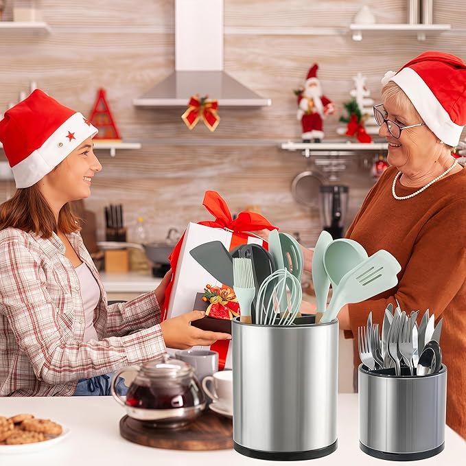 LIBODOUR Utensil Holder,Extra Large Utensil Holder for Kitchen Counter, Silverware Organizer, Stainless Steel Storage Cooking Caddy Flatware Spoon Spatula Tool Cutlery Container(2 Set)