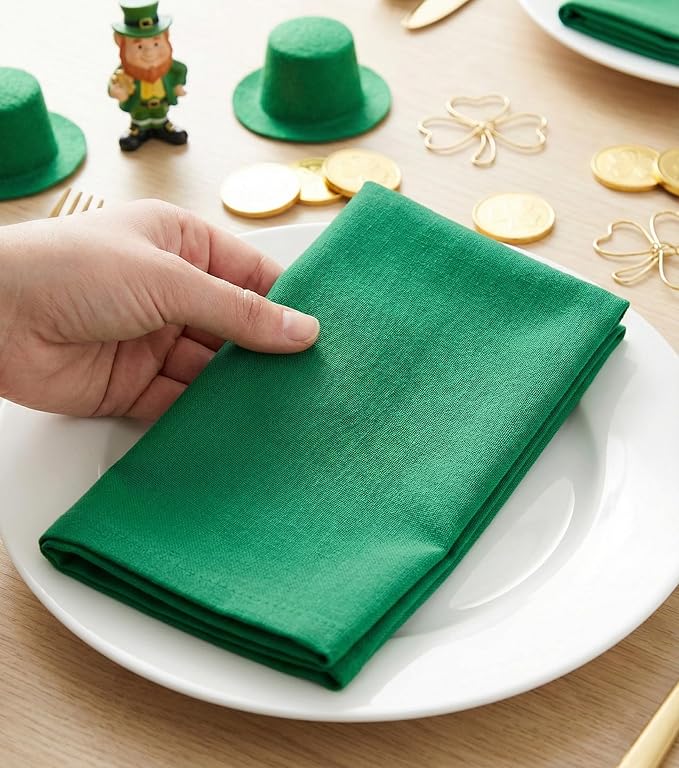 PurpleEssences Set of 6 Cloth Dinner Napkins 100% Cotton 18x18 Inch - Soft Durable Washable - Ideal for Farmhouse Party St Patricks Day Spring - Perfect Everyday Use Table Linen - St Patricks Green