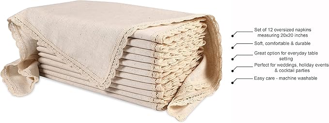Hausattire Cloth Napkins 12 Pack 20x20 Inches Flax Cotton Washable and Reusable Table Dinner Napkins with Lace for Hotel,Easter Basket Decor| Highly Absorbent Cloth Napkins|Natural