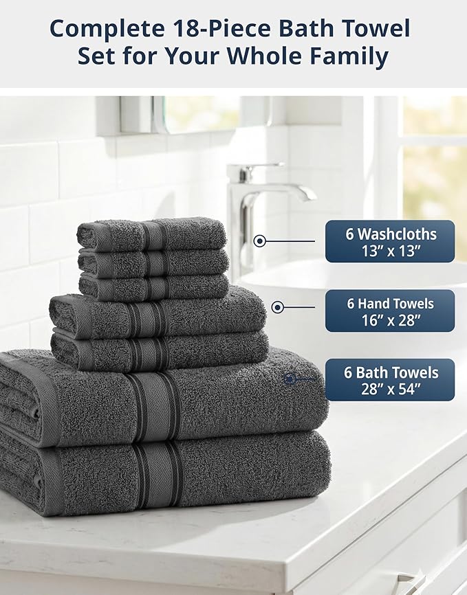 LANE LINEN 18-Pack Premium Towels for Bathroom – 100% Cotton Towel Set, Zero Twist, 6 Bath, 6 Hand & 6 Washcloths,Gentle on Body, Highly Absorbent, Remains Soft After Wash, Hotel & Spa Quality – Grey