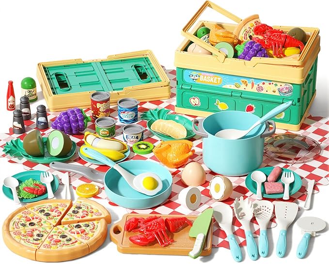 80Pcs Kitchen Playset, Toddler Pretend Cooking with Pots, Pans, Cookware, Food, Picnic Blanket, Fruits, Veges, Shopping Storage Basket, Dessert , Learning Gift for Girls Boys (Turquoise)