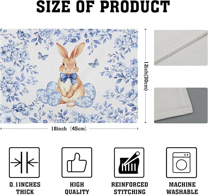 Rabbit Easter Placemats for Dining Table 12 X 18 in Holiday Decoration Rustic Vintage Washable Table Mats Set of 4 Blue