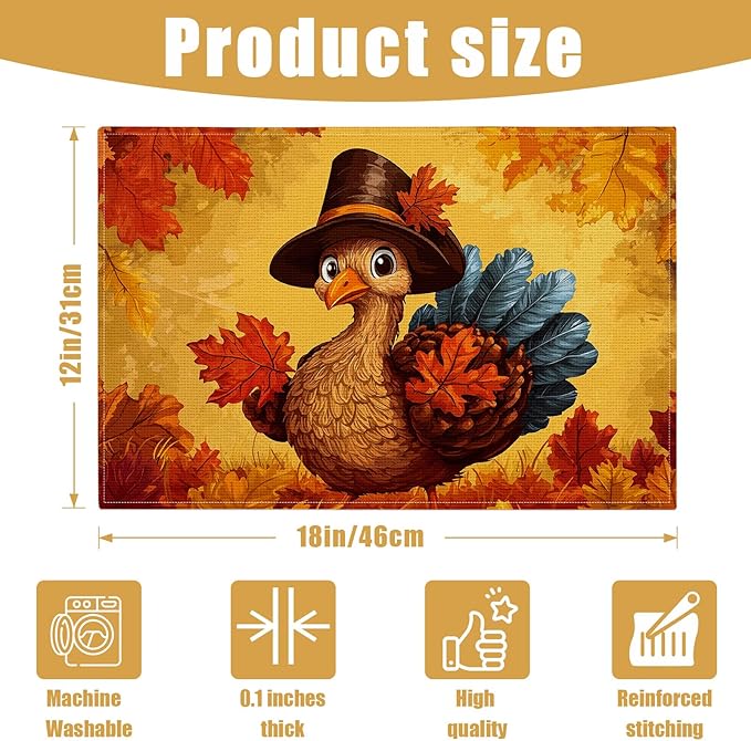 Thanksgiving Turkey Placemats Set of 6, Fall Maple Leaf Linen Place Mat Washable Stain Resistant Table Mats for Farmhouse Kitchen Party Decor 12x18 Inch