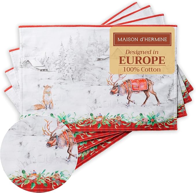 Maison d' Hermine Placemats Set of 4 100% Cotton Washable Cloth Place Mats, Reusable Table Mats for Thanksgiving Christmas Decorations Kitchen Dining Party Wedding (Christmas Tradition, 13" x 19")