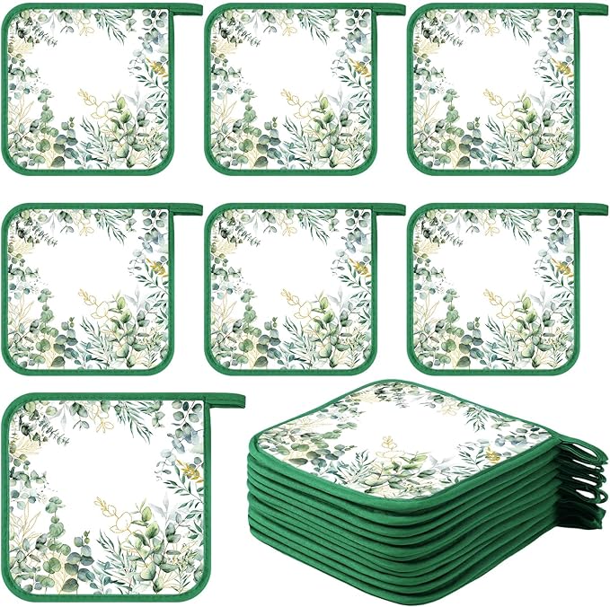 Bencailor 12 Pcs Pot Holders with Pocket Kitchen Hot Potholders Hot Pad Oven Mitts Cookie Bag Oven Gloves for Kitchen Gift Baking Cooking (Leaves)