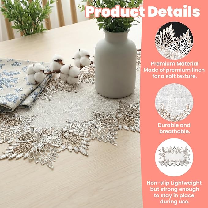 Natural Linen Placemats, 2 Pcs 17.7 × 12 Inch Large Rectangle Doilies for Tables Neutral Earth Tones Beige Table Topper Vintage Rustic Lace Doilies for Home Kitchen Dining Coffee Table Dresser