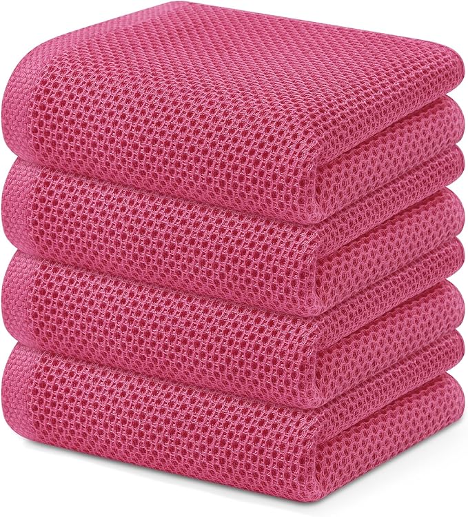 Kitinjoy 100% Cotton Waffle Weave Kitchen Hand Towels (13 X 28 Inches, Hot Pink), 4-Pack Super Soft and Absorbent Dish Towel for Drying Dishes