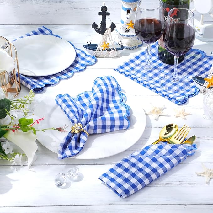 SmoothNovelty 12 Pack Buffalo Plaid Cloth Napkins 18x18 Inch Spring Checkered Cloth Napkins Scalloped Soft Cotton Table Mat Washable Reusable for Dinner Wedding Birthday Parties (Classic,Navy Blue)