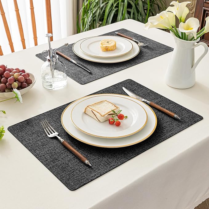 Romanstile Vinyl Placemats Set of 8-12x17 Inch, Reversible Waterproof Washable Non Slip Table Mats, Faux Leather Heat Resistant Wipeable Table Placemats for Dining/Party/Indoor/Outdoor, Grey-Black