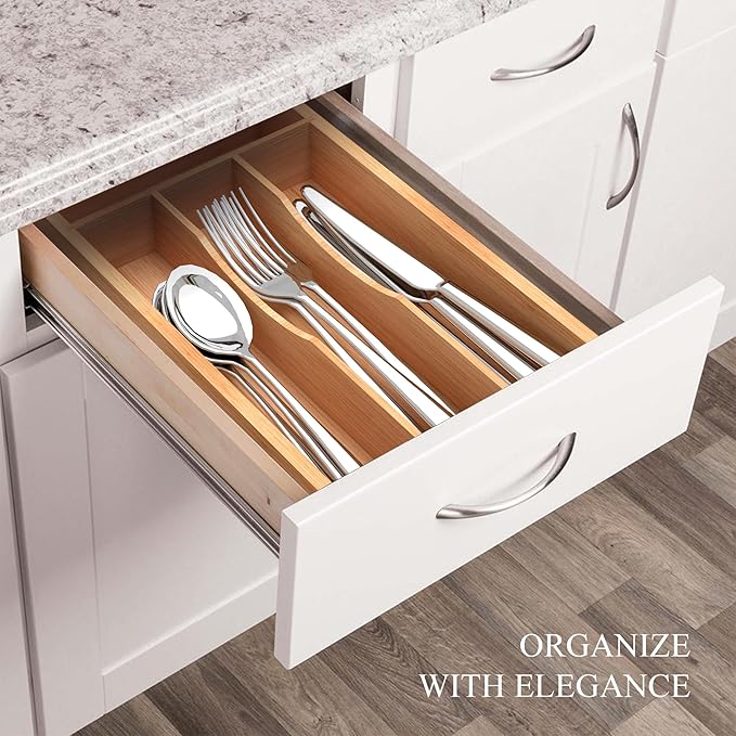 Small Silverware Organizer, Bamboo Kitchen Drawer Organizer, Utensil Holder, Cutlery Tray & Spoon Flatware Storage with Grooved Drawer Dividers (6.7''W x 12''D)