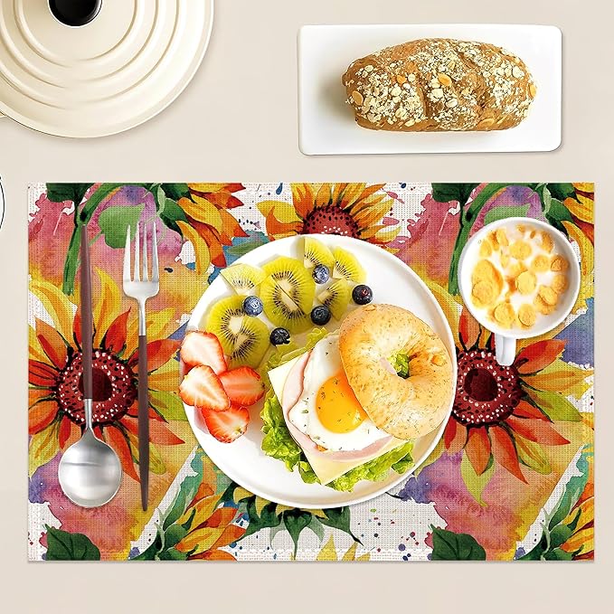 Placemats Set of 6 Linen Washable Kitchen Dining Watercolor Sunflower Table Mats Stain Heat-Resistant Desktop Décor Colorful Wildflower Place Mats for Home Party Indoor 12x18 in