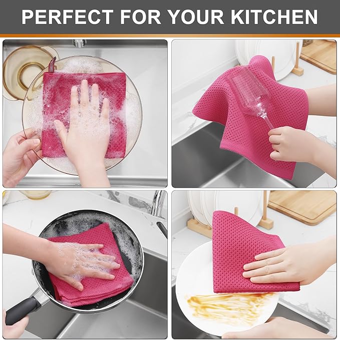 Kitinjoy 100% Cotton Kitchen Dish Cloths (12 X 12 Inches, Hot Pink), 12 Pack Waffle Weave Ultra Soft Absorbent Dish Towels for Drying Dishes Quick Drying Kitchen Towels Dish Rags