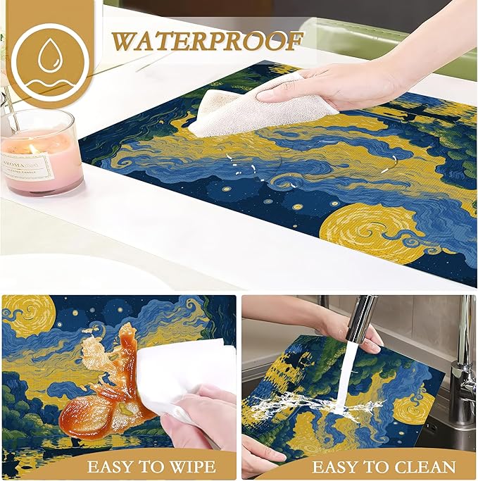 Van Gogh Style Watercolor Painting Placemats, 12 x 18 inch, Linen Table Runner Kitchen Dining Room Decor Holiday Decor Rustic Vintage Waterproof Washable Table Runner Set of 6