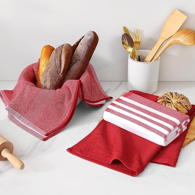 Homaxy Premium Kitchen Towels(18”x 28”, 12 Pack), Large Cotton 380 GSM Kitchen Hand Towels, Soft and Absorbent Terry Dish Towels, Multipurpose Tea Towel Set with Hanging Loop, Red