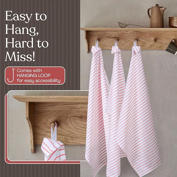 Red Stripe Cotton Kitchen Towels Set of 3, Durable & Super Absorbent Dishcloths Pack, Classic Stripe Towel Set, Quick Dry Towels for Daily Kitchen Use, Wiping & Drying Dishes