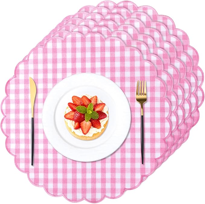 Set of 6 Round Placemats 15 Inch Cotton Scalloped Embroidery Placemat Washable Double Layered Rustic Dinner Table Mat Decor Fabric for Hotel Restaurant Kitchen(Pink,Plaid)