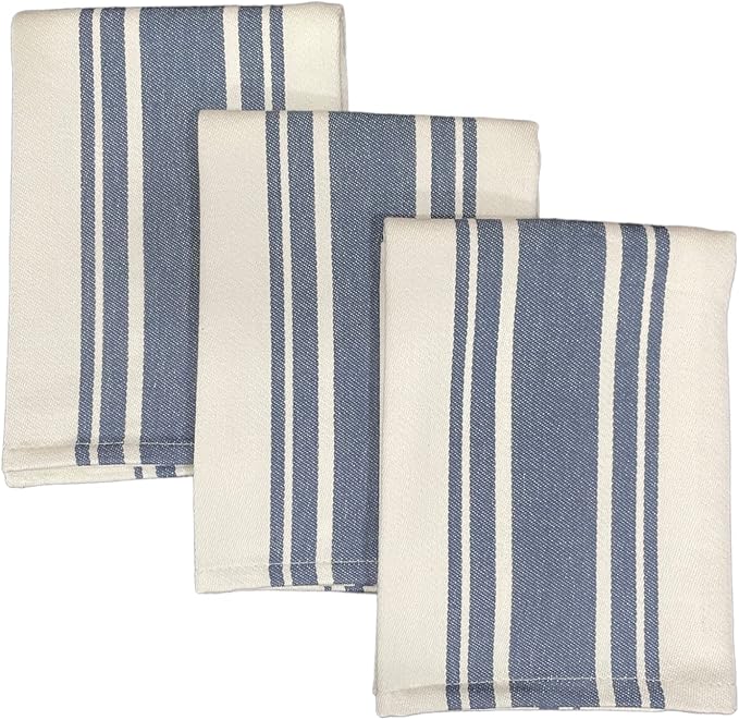 Kitchen Towels Set – Pack of 3 (20’’ x 30’’) Extra Large Premium Cotton Dish Towels for Kitchen – Super Striped Towels – Absorbent – 100% Cotton – with Hanging Loop – Blue Grey