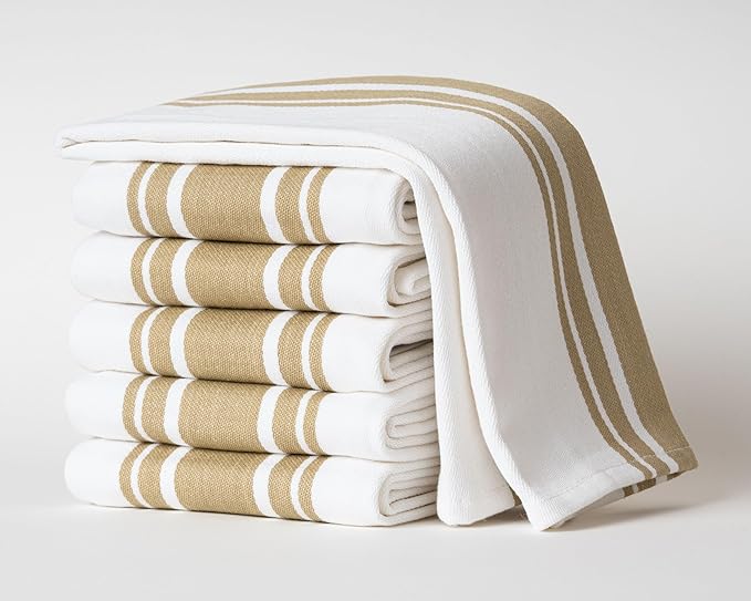 Kitchen Towels Set – Pack of 6 (20’’ x 30’’) Extra Large Premium Cotton Dish Towels for Kitchen – Super Striped Towels – Absorbent – 100% Cotton – with Hanging Loop – Beige