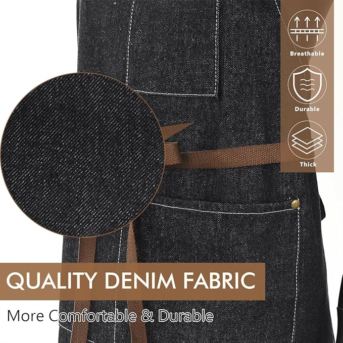 ROTANET Denim Work Apron with 3 Pockets Jean Shop Aprons for Chef Hairstylist Kitchen Woodworking for Men Women Blue Black