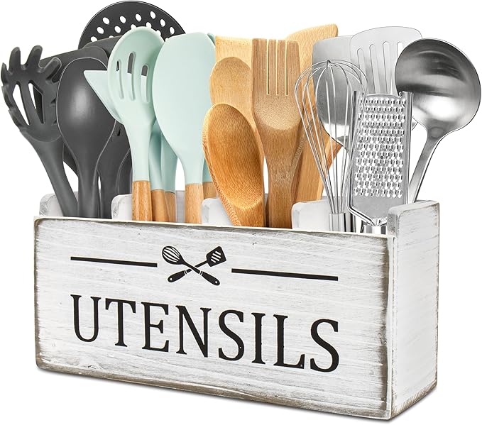 RedCall Extra Large Utensil Holder Organizer,4 Compartments Wooden Kitchen Tool Holder for Countertop,Rustic Farmhouse Utensil Organizer for Spatula Spoon Storage (Antique-4)